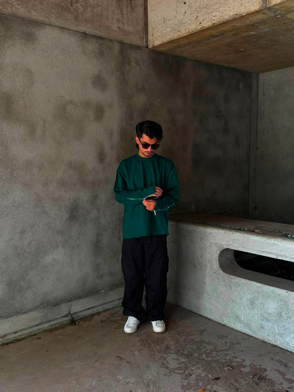 Men's Black Oversized Full Sleeve T-Shirt with Zipper Sleeves
