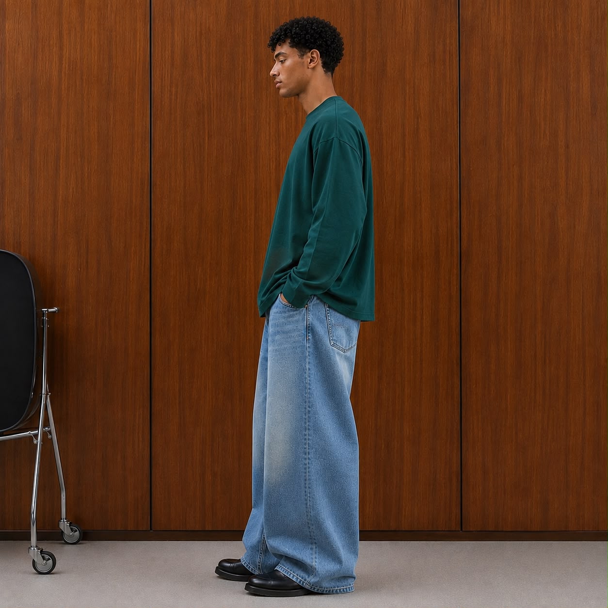 oversized long sleeve T-shirt with textured fabric, styled with light gray cargo pants.