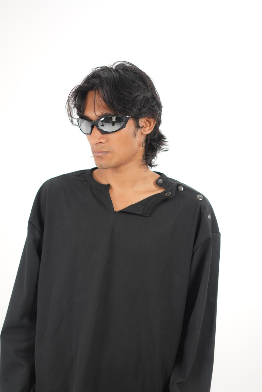 Full Sleeve Henley T-Shirt with Shoulder Button Detail