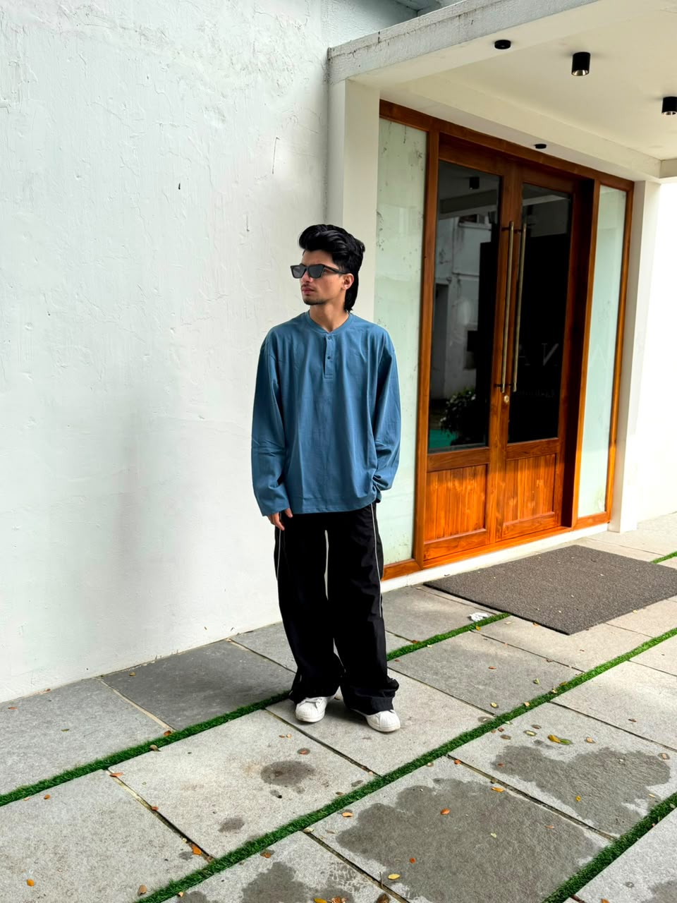 Men's blue oversized full sleeve Henley T-shirt