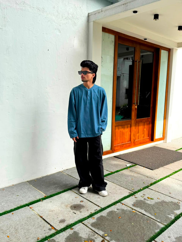 Men's blue oversized full sleeve Henley T-shirt