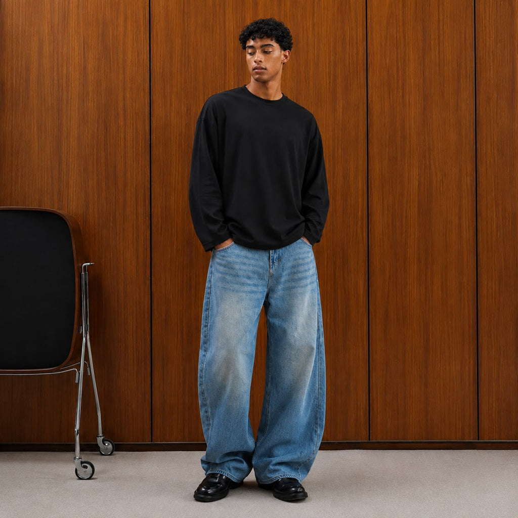 oversized long sleeve T-shirt with textured fabric, styled with light gray cargo pants.