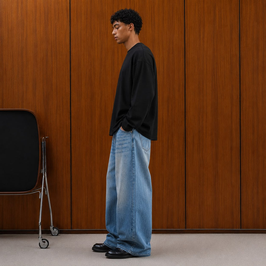 oversized long sleeve T-shirt with textured fabric, styled with light gray cargo pants.
