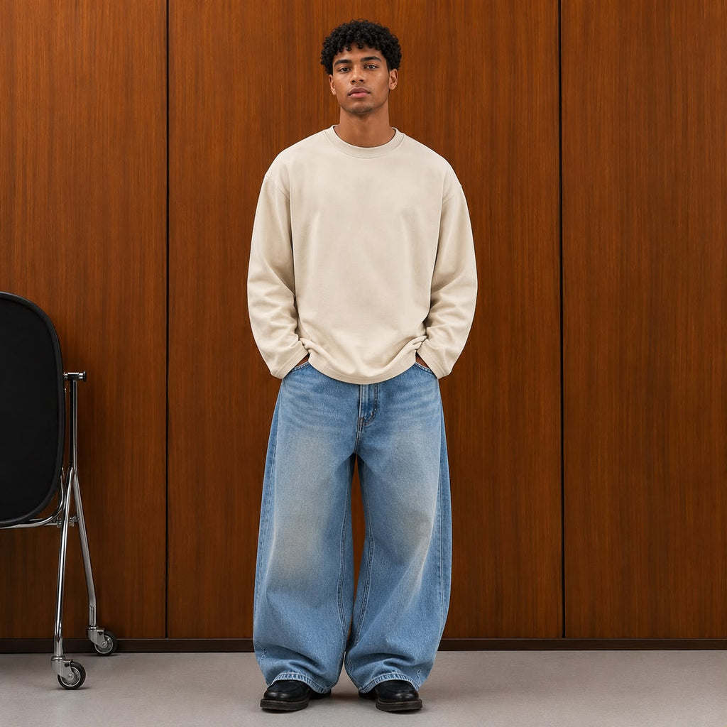 oversized long sleeve T-shirt with textured fabric, styled with light gray cargo pants.