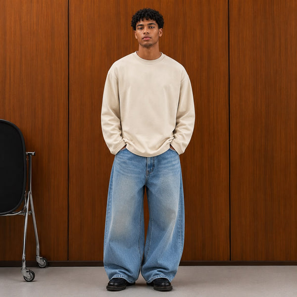 oversized long sleeve T-shirt with textured fabric, styled with light gray cargo pants.
