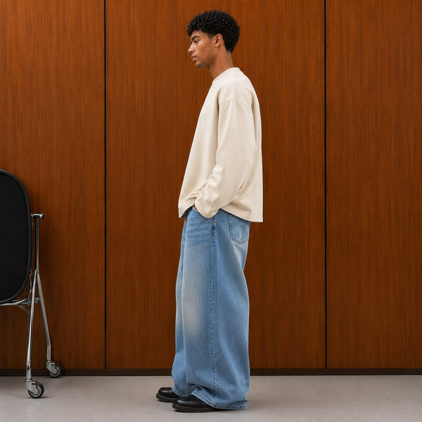 oversized long sleeve T-shirt with textured fabric, styled with light gray cargo pants.