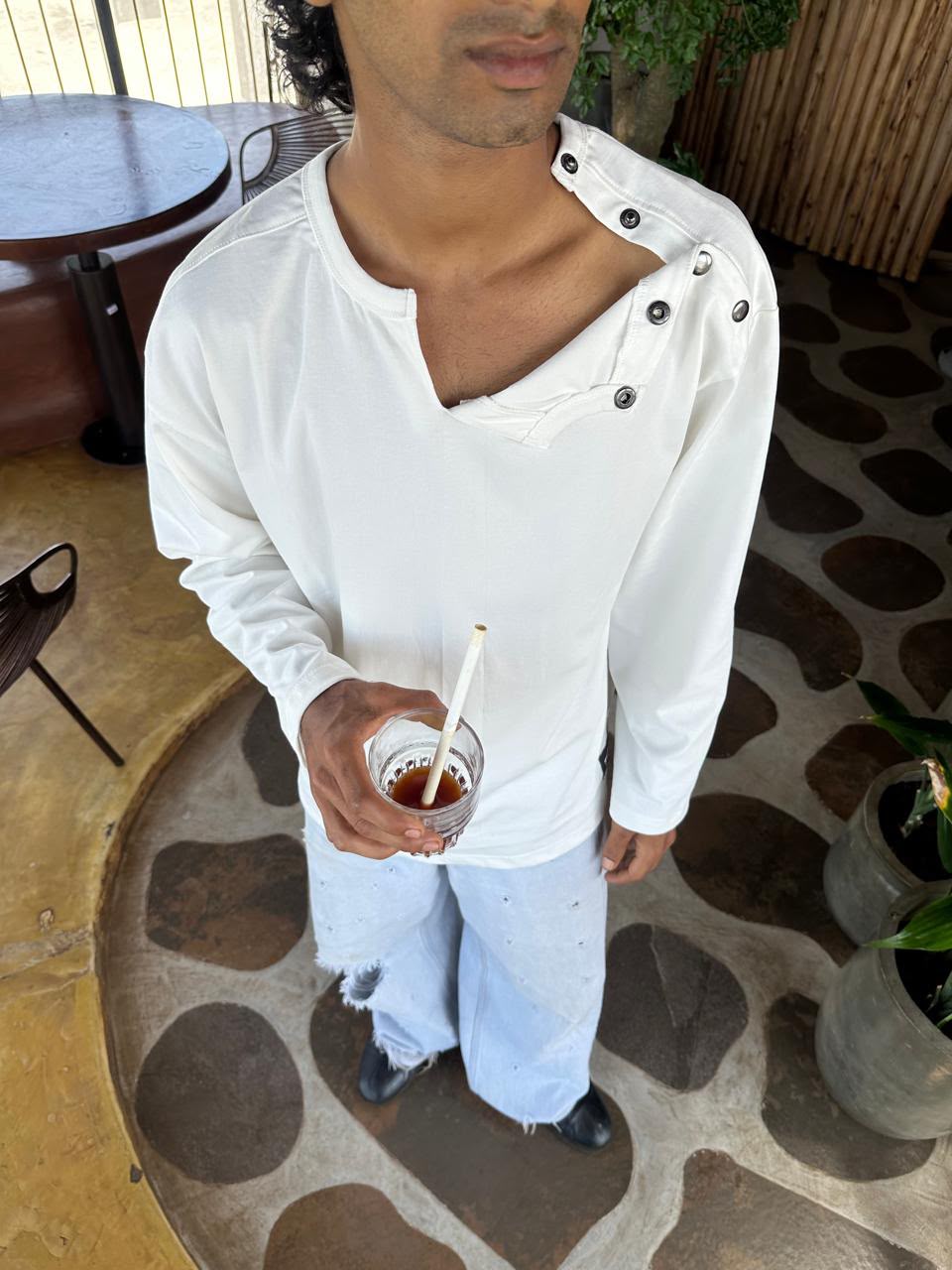 Full Sleeve Henley T-Shirt with Shoulder Button Detail