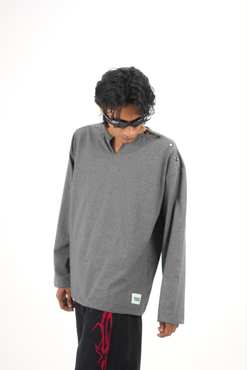 Full Sleeve Henley T-Shirt with Shoulder Button Detail