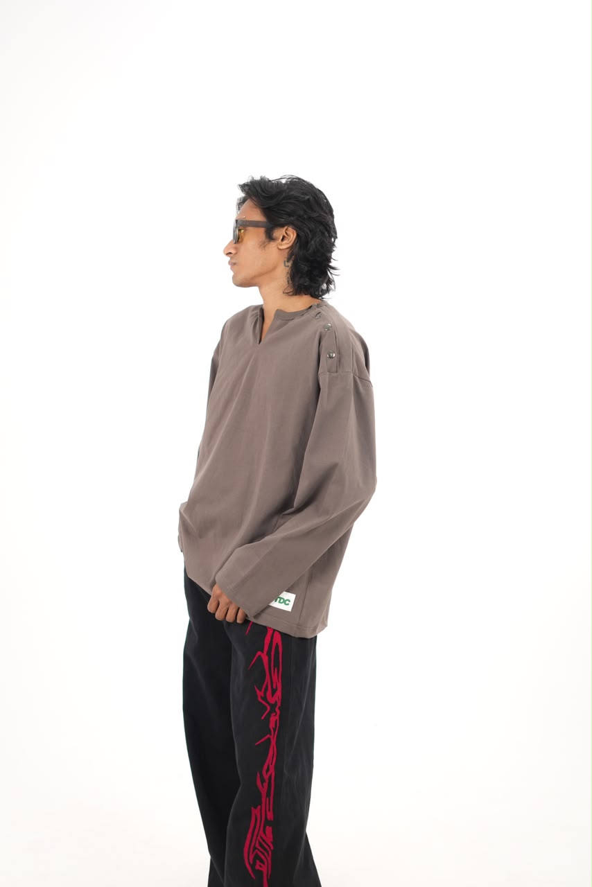 Full Sleeve Henley T-Shirt with Shoulder Button Detail