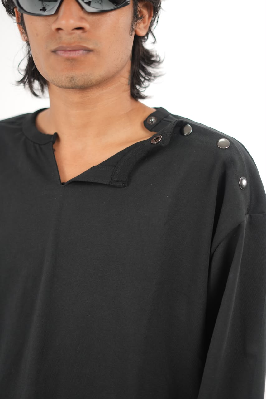 Full Sleeve Henley T-Shirt with Shoulder Button Detail
