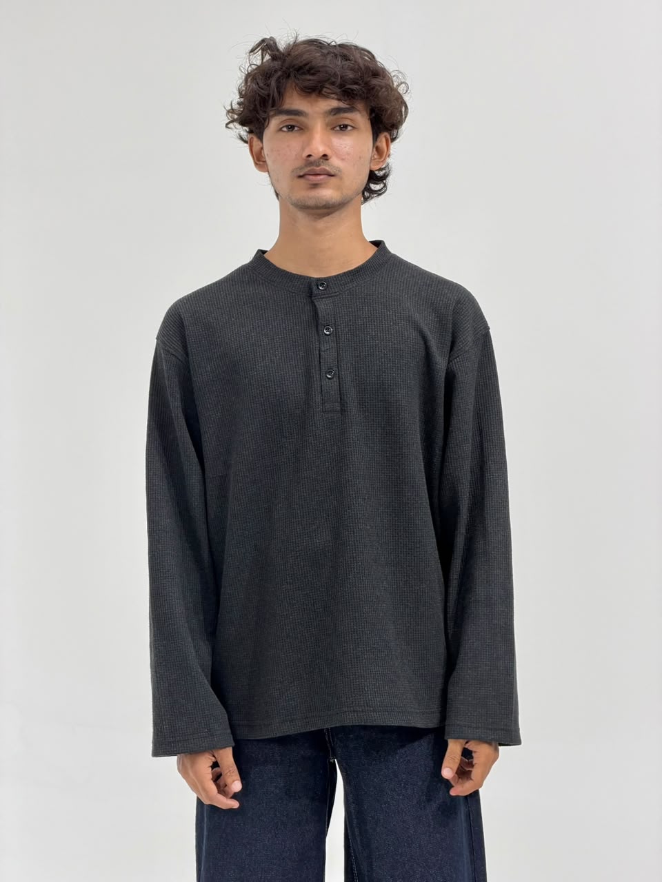 Oversized Waffle Knit Henley Full-Sleeve T-Shirt