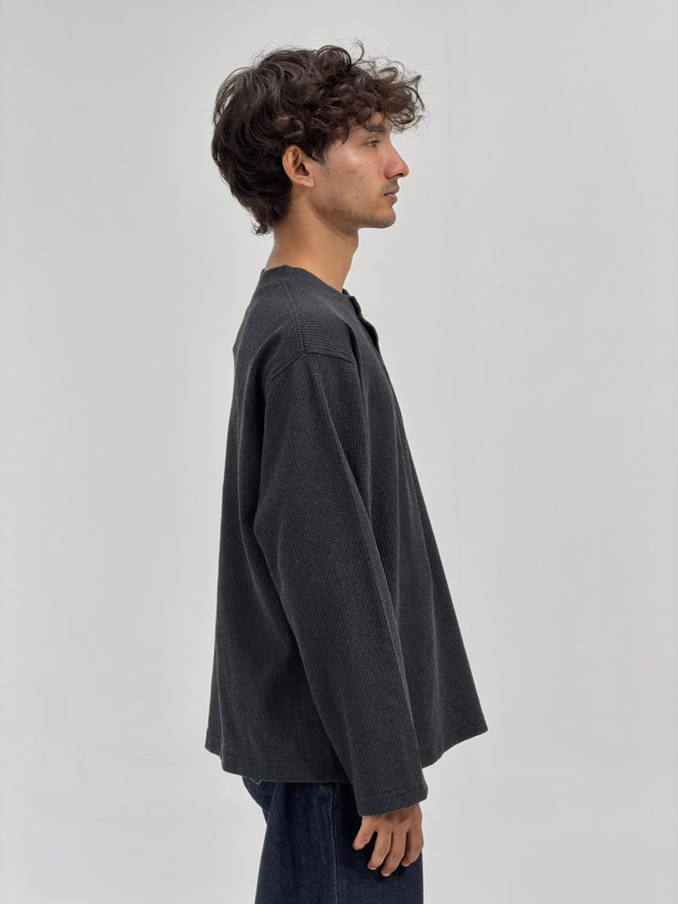 Oversized Waffle Knit Henley Full-Sleeve T-Shirt