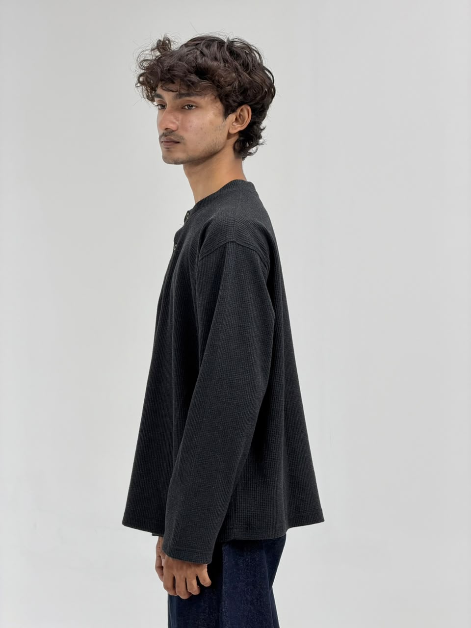Oversized Waffle Knit Henley Full-Sleeve T-Shirt