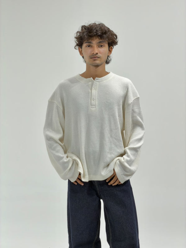 Oversized Waffle Knit Henley Full-Sleeve T-Shirt