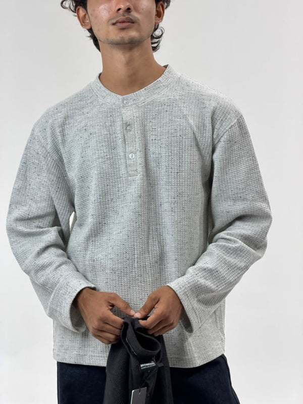 Oversized Waffle Knit Henley Full-Sleeve T-Shirt