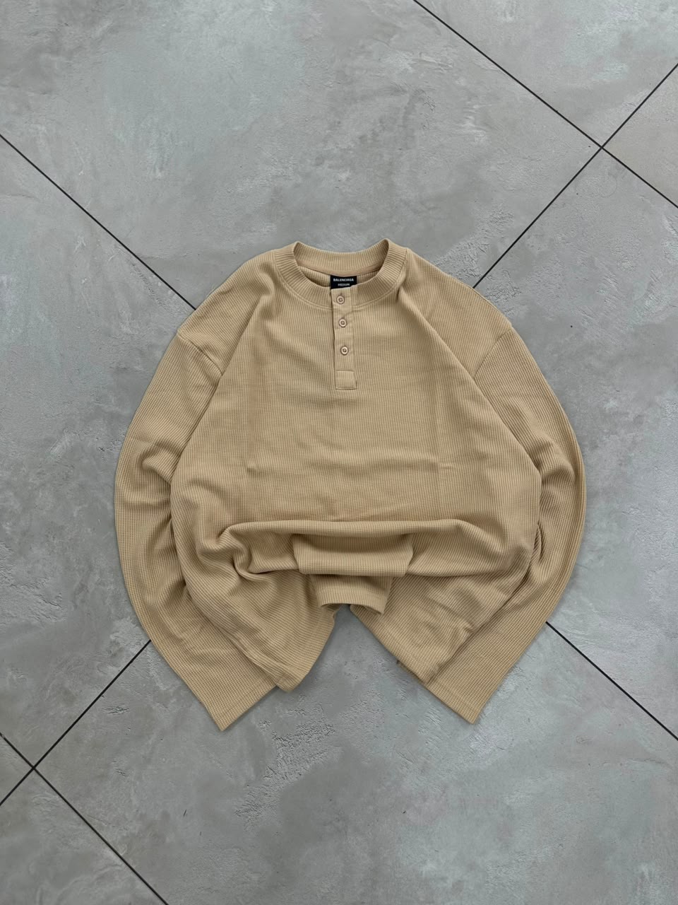 Men's white waffle knit oversized Henley full sleeve