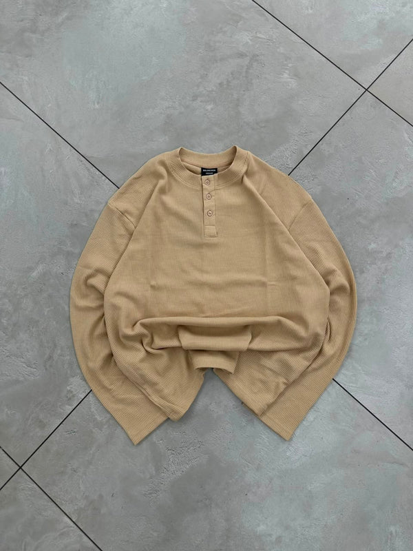 Men's white waffle knit oversized Henley full sleeve