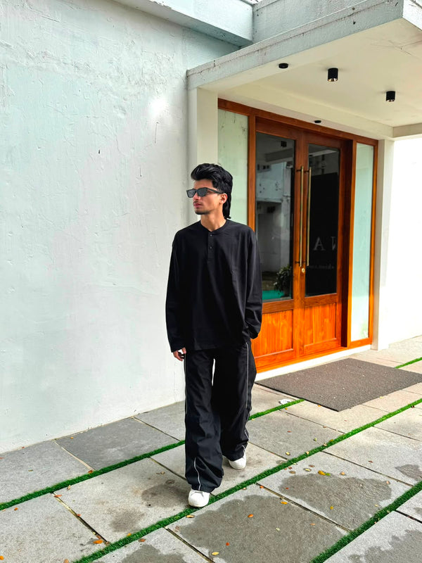 Men's black oversized full sleeve Henley T-shirt
