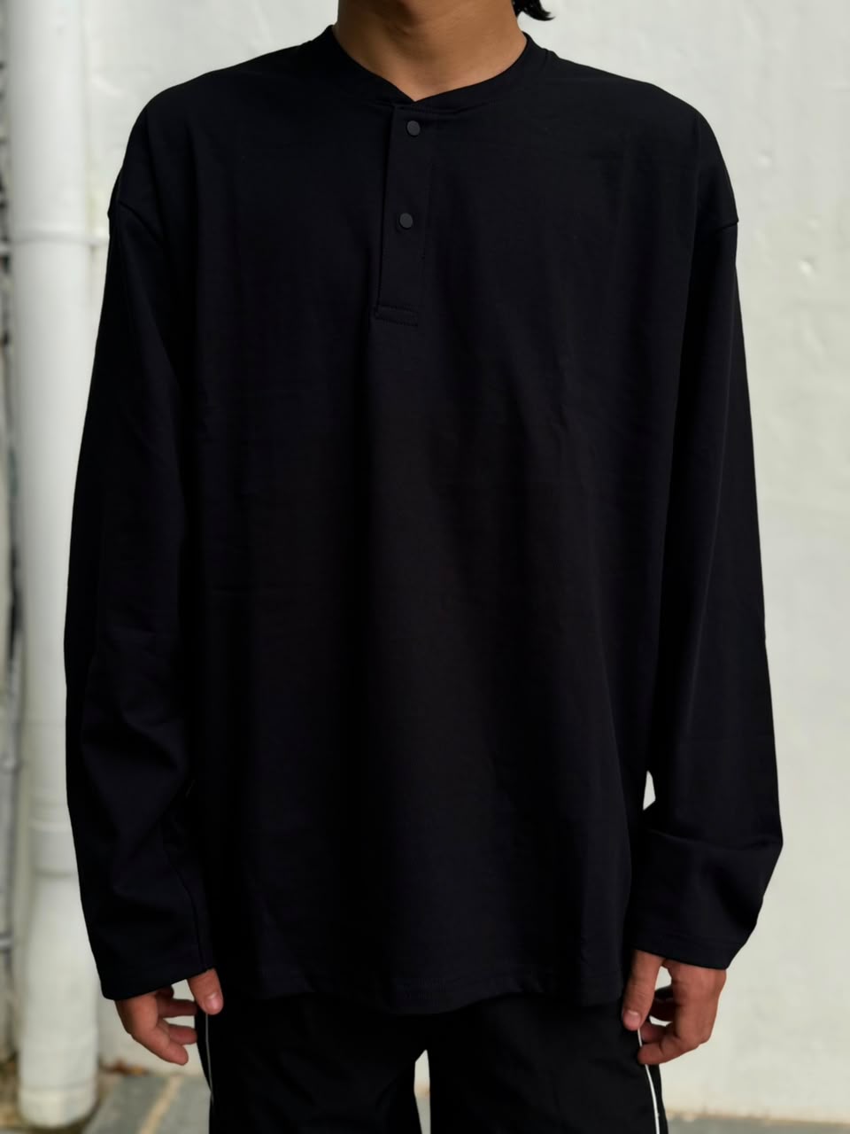 Men's black oversized full sleeve Henley T-shirt