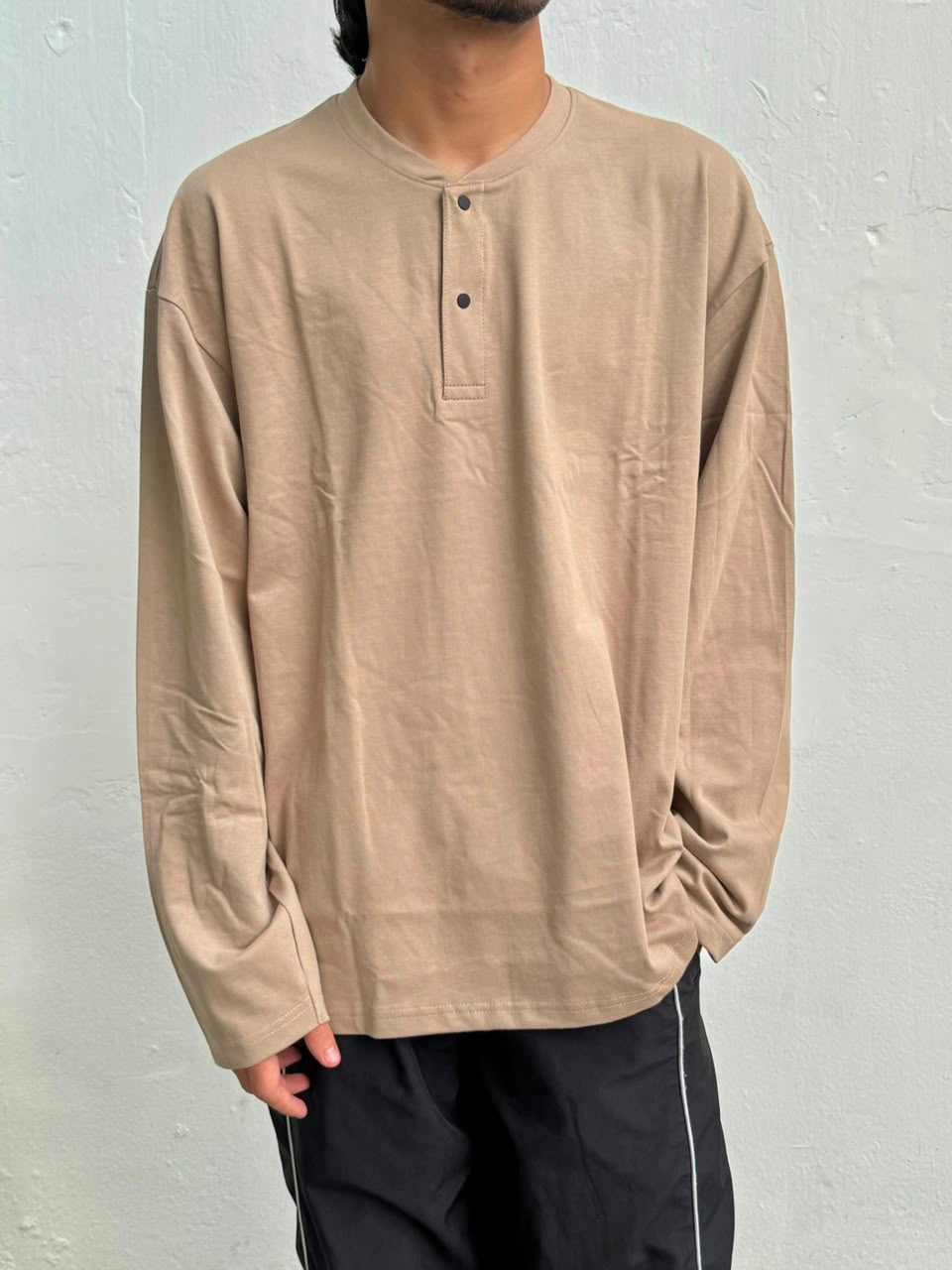 Men's beige oversized full sleeve Henley T-shirt