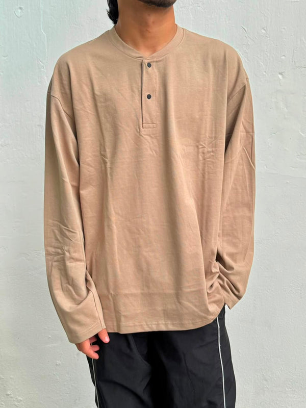 Men's beige oversized full sleeve Henley T-shirt