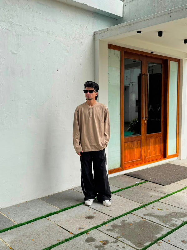 Men's beige oversized full sleeve Henley T-shirt