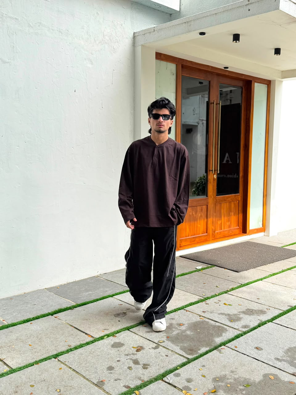 Men's brown oversized full sleeve Henley T-shirt