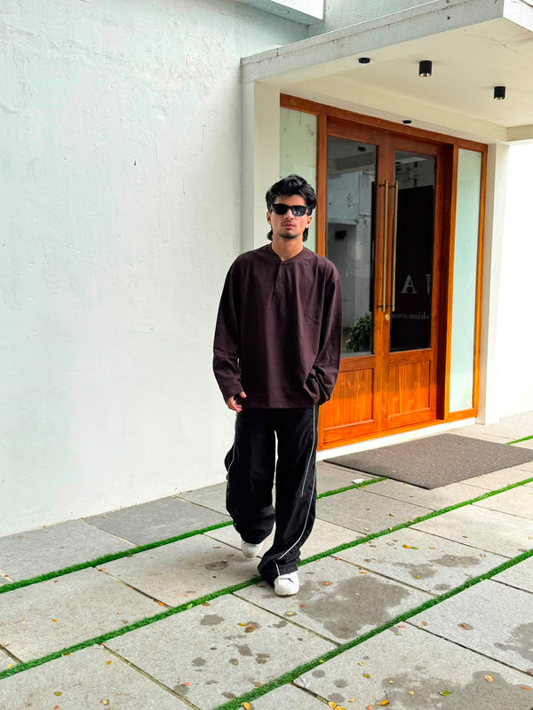 Men's brown oversized full sleeve Henley T-shirt