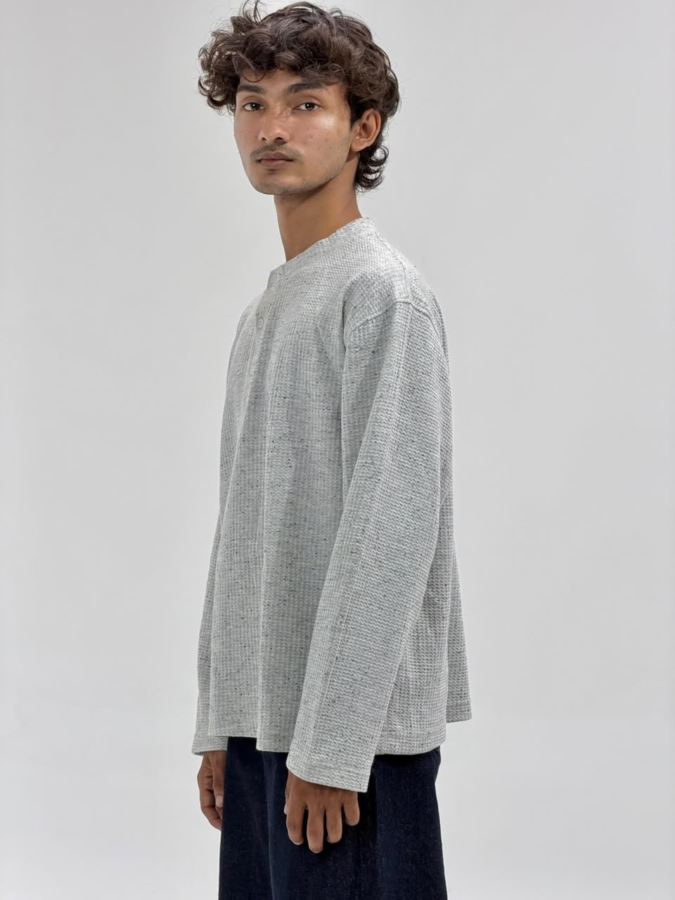 Oversized Waffle Knit Henley Full-Sleeve T-Shirt