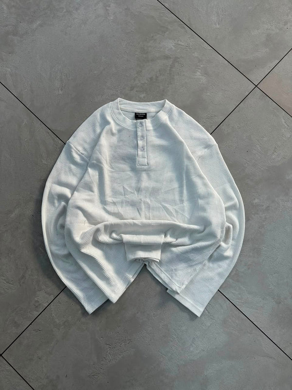 Men's white waffle knit oversized Henley full sleeve