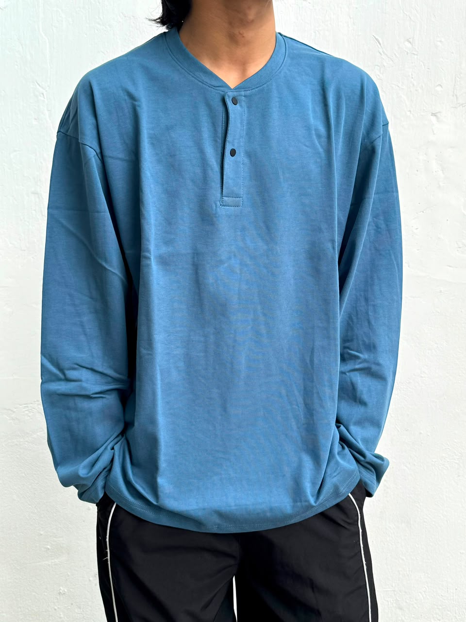 Men's blue oversized full sleeve Henley T-shirt