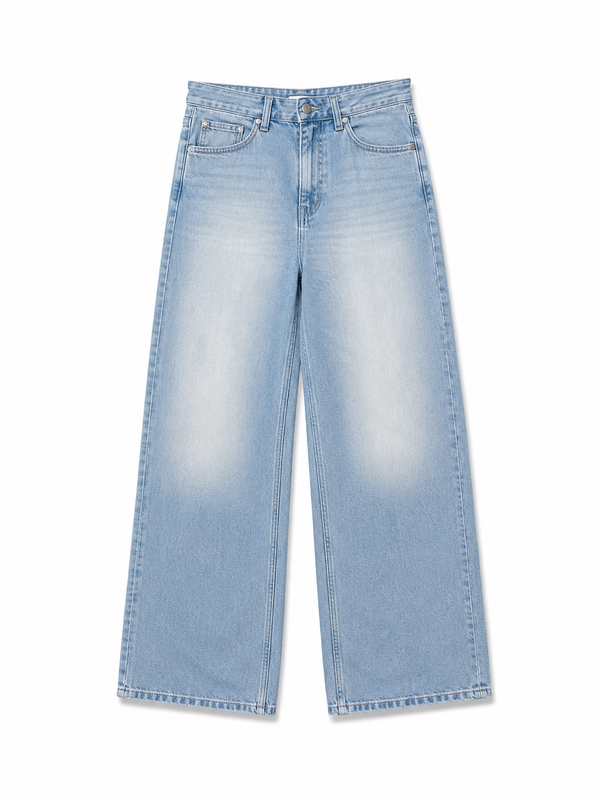 Men's light blue wide leg denim jeans with a relaxed fit