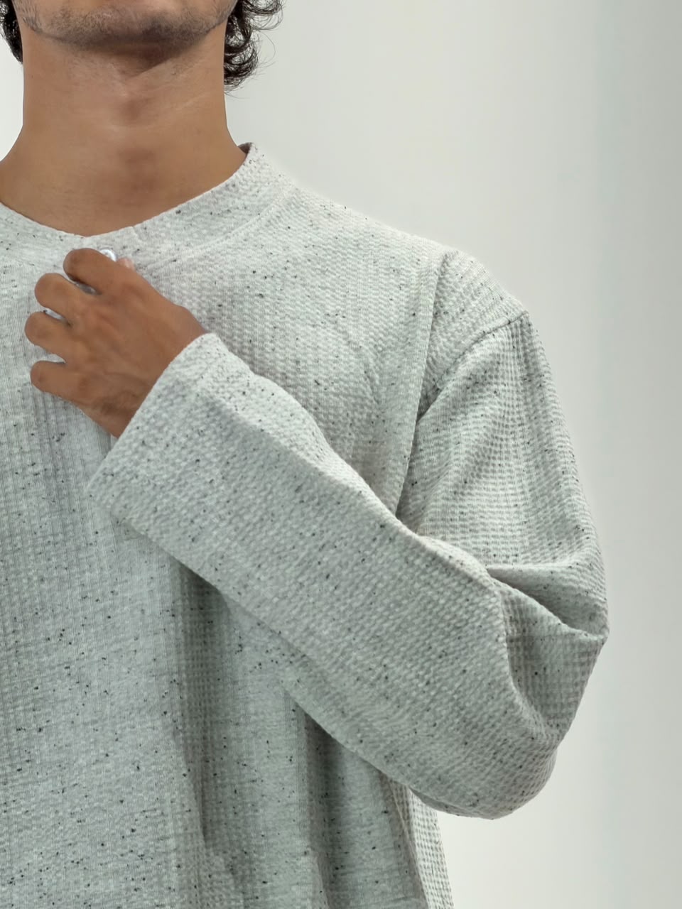 Oversized Waffle Knit Henley Full-Sleeve T-Shirt