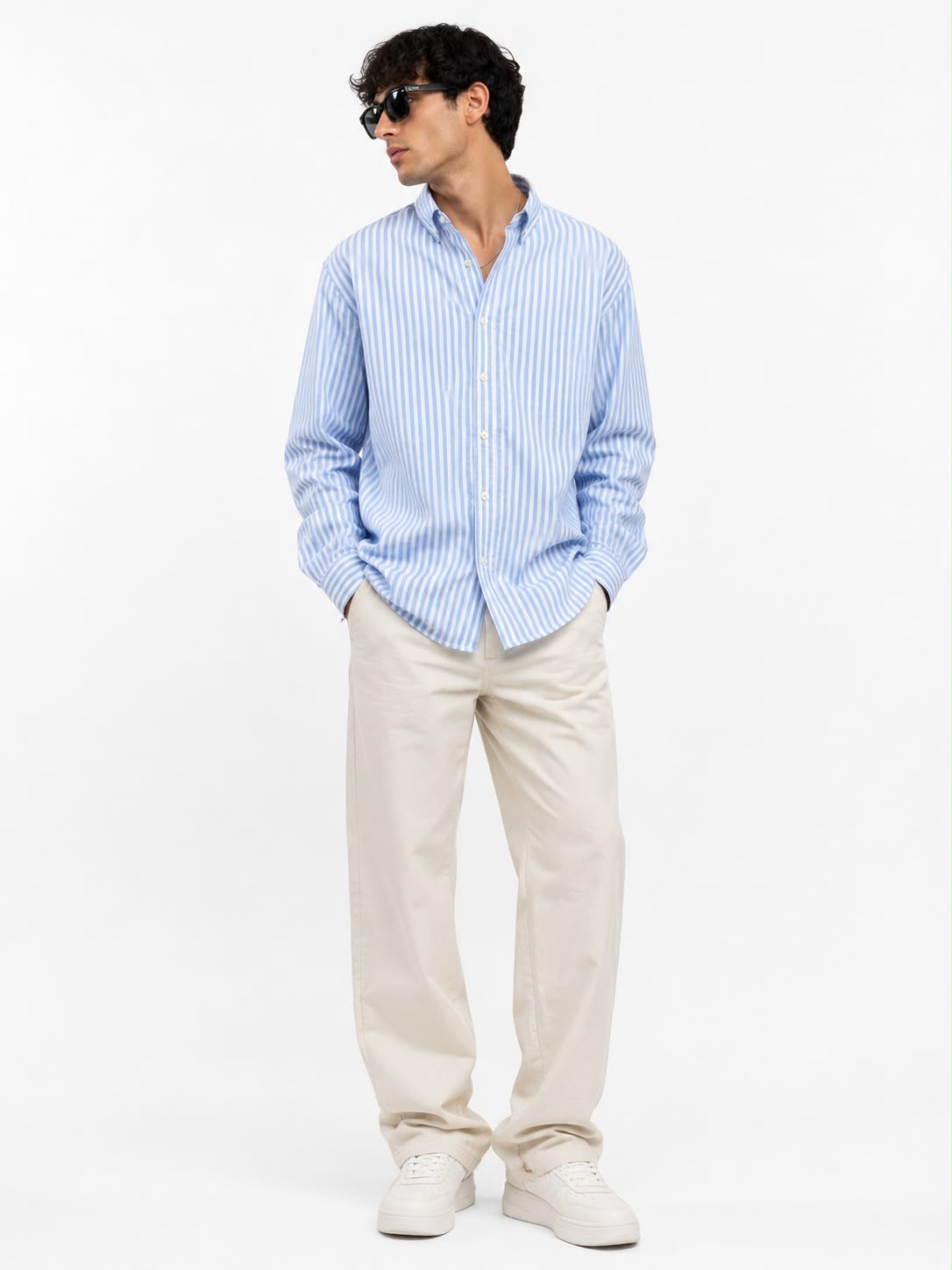 Blue and white striped Oxford button-down shirt