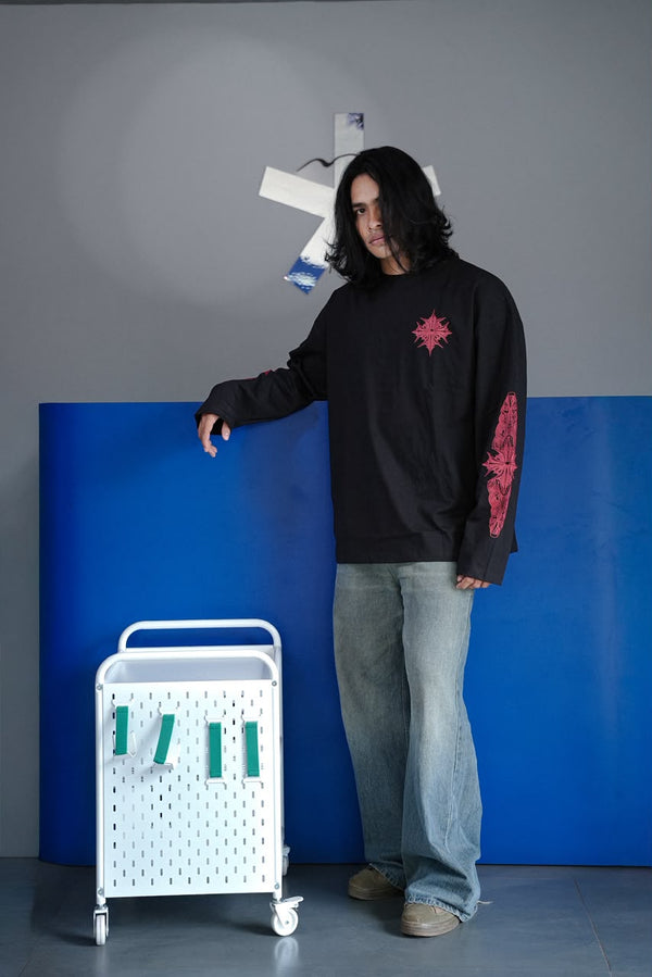 Men's  oversized graphic full sleeve T-shirt with chest and sleeve print.