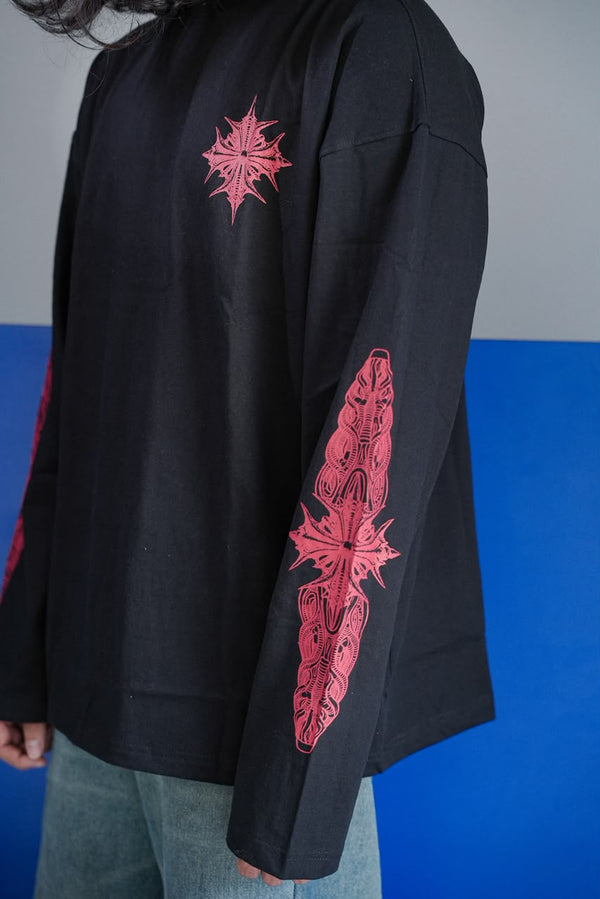 Men's  oversized graphic full sleeve T-shirt with chest and sleeve print.
