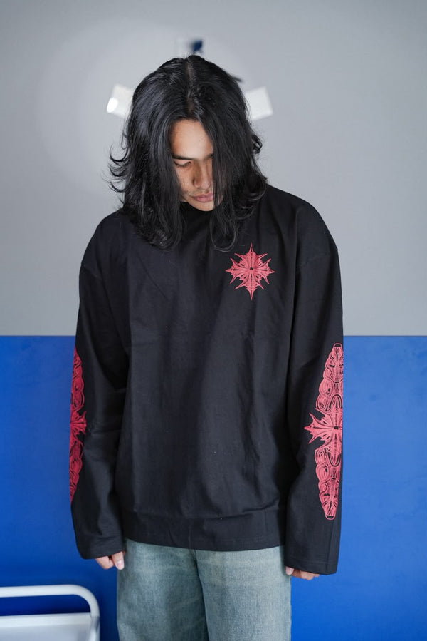Men's  oversized graphic full sleeve T-shirt with chest and sleeve print.