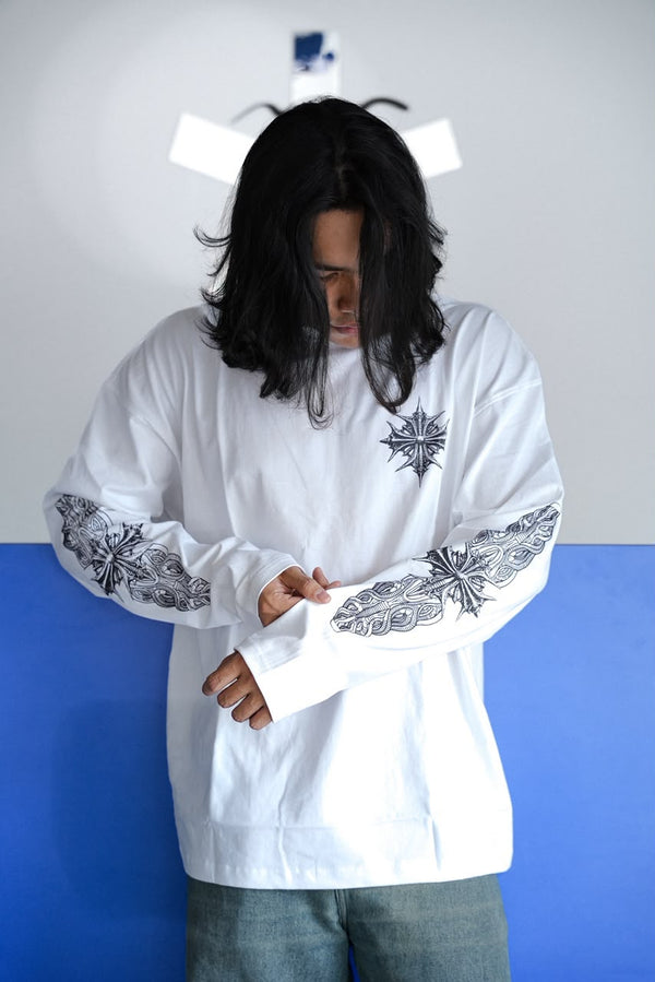 Men's  oversized graphic full sleeve T-shirt with chest and sleeve print.