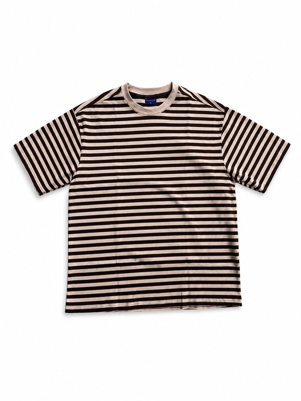"Premium mocha brown and beige ribbed striped oversized T-shirt for men