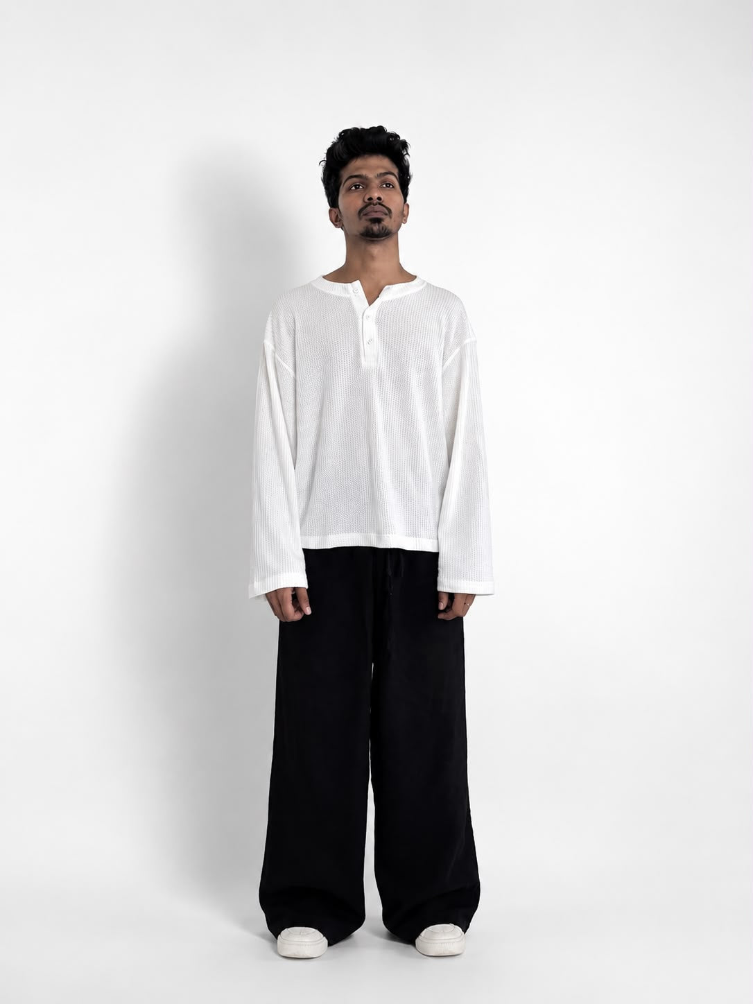 oversized waffle knit Henley long sleeve T-shirt for men in minimalist streetwear style Main image