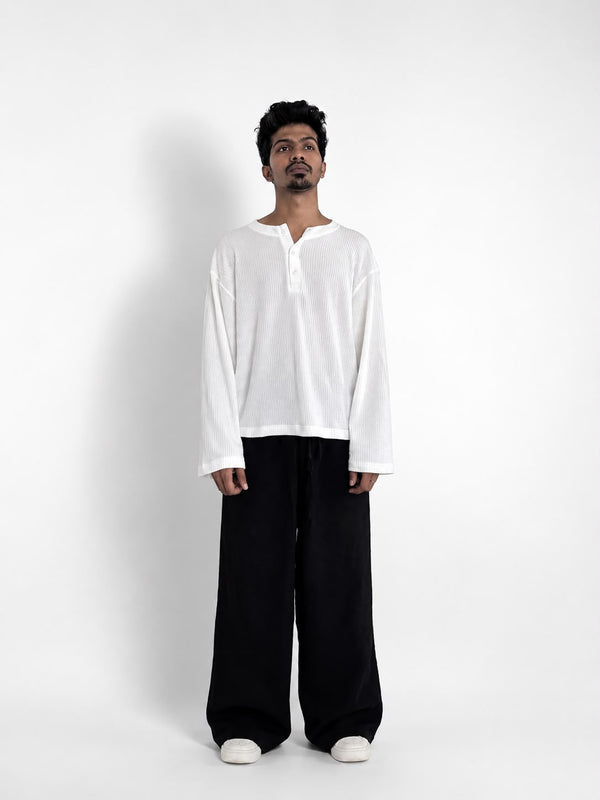  oversized waffle knit Henley long sleeve T-shirt for men in minimalist streetwear style