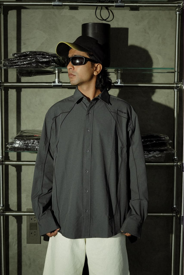 Light grey oversized long sleeve shirt with contrast piping