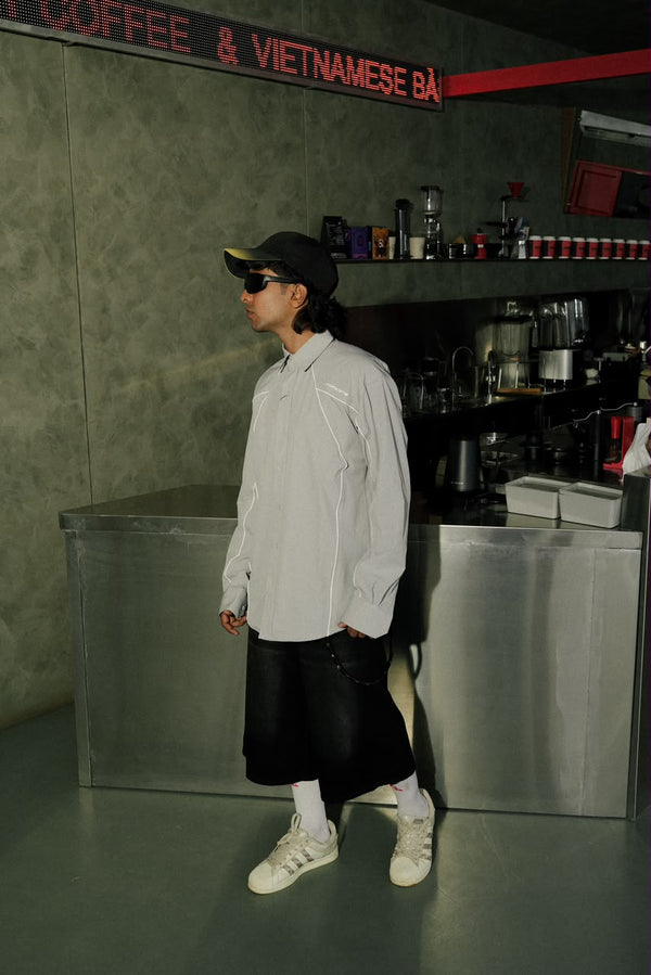 Light grey oversized long sleeve shirt with contrast piping
