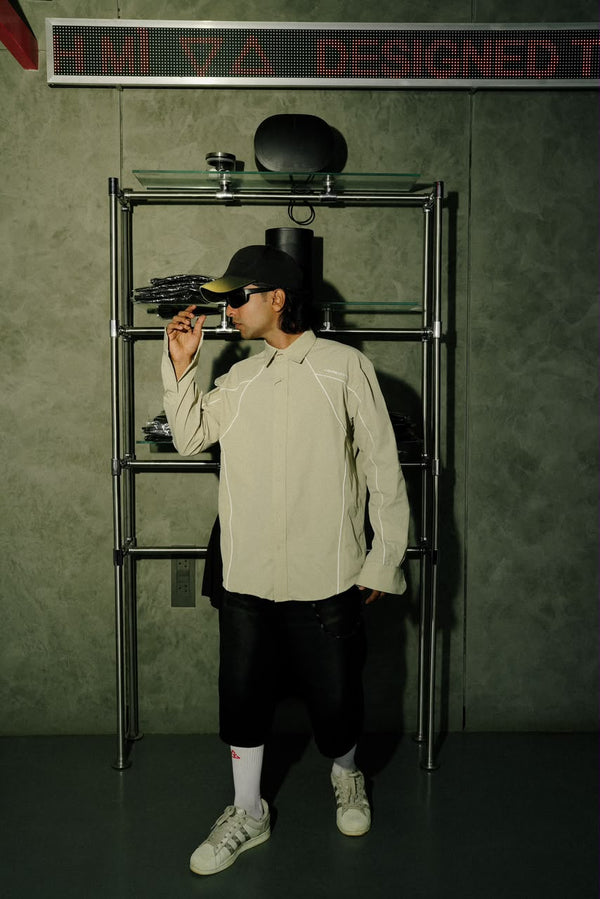 Light grey oversized long sleeve shirt with contrast piping