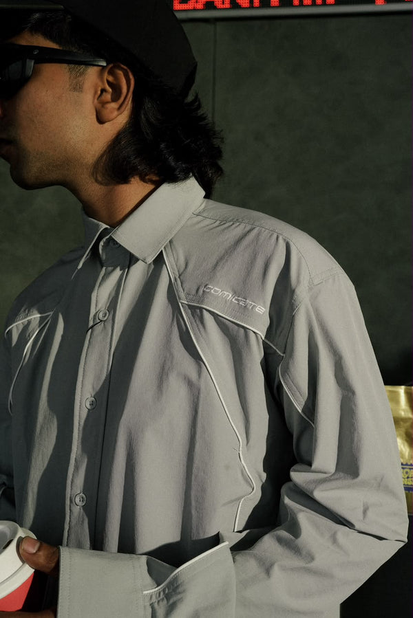 Light grey oversized long sleeve shirt with contrast piping