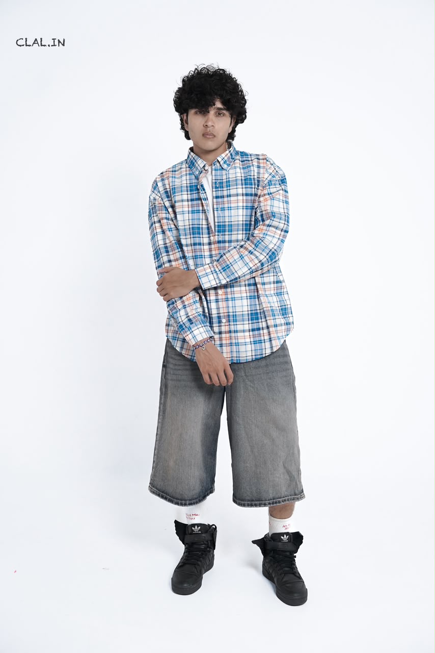 Men's oversized micro-check button-down shirt layered