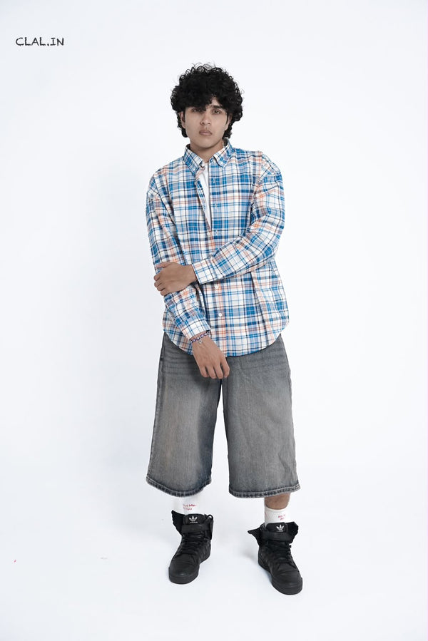 Men's oversized micro-check button-down shirt layered