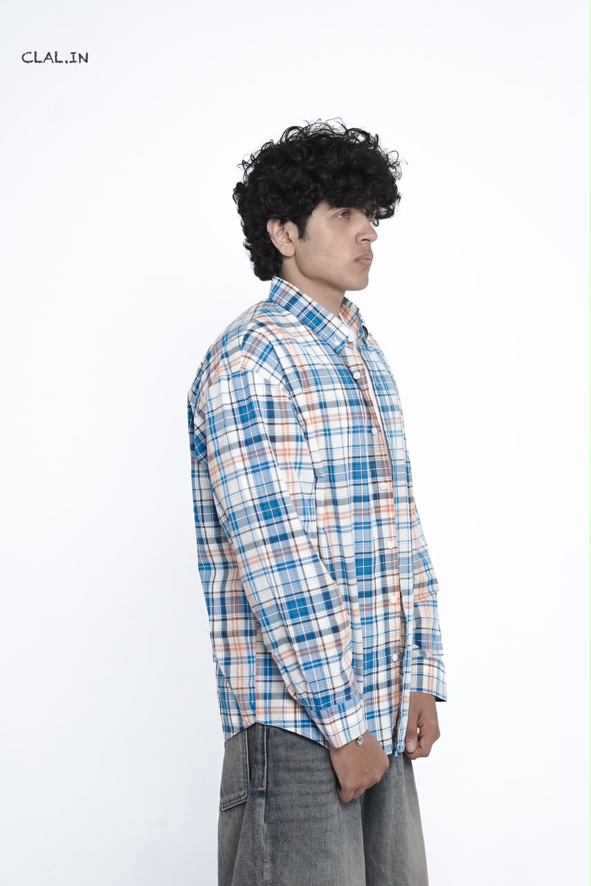 Men's oversized micro-check button-down shirt layered