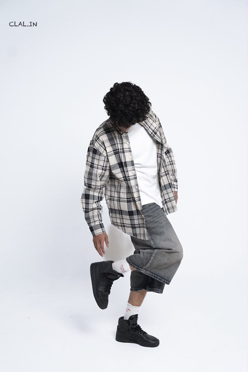 Men's oversized micro-check button-down shirt layered