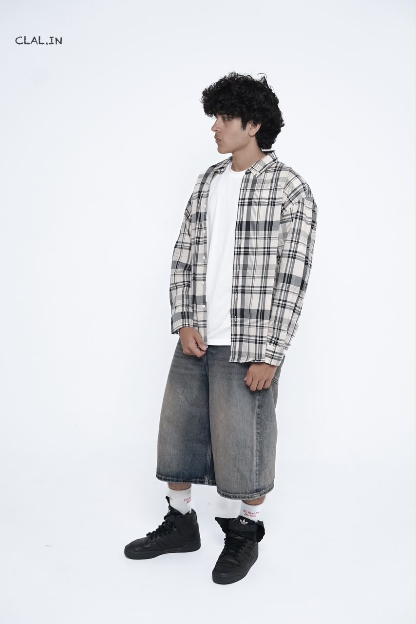 Men's oversized micro-check button-down shirt layered